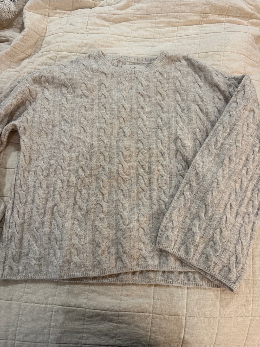 LOFT Light Heather Gray/cream Cable Crewneck Sweater